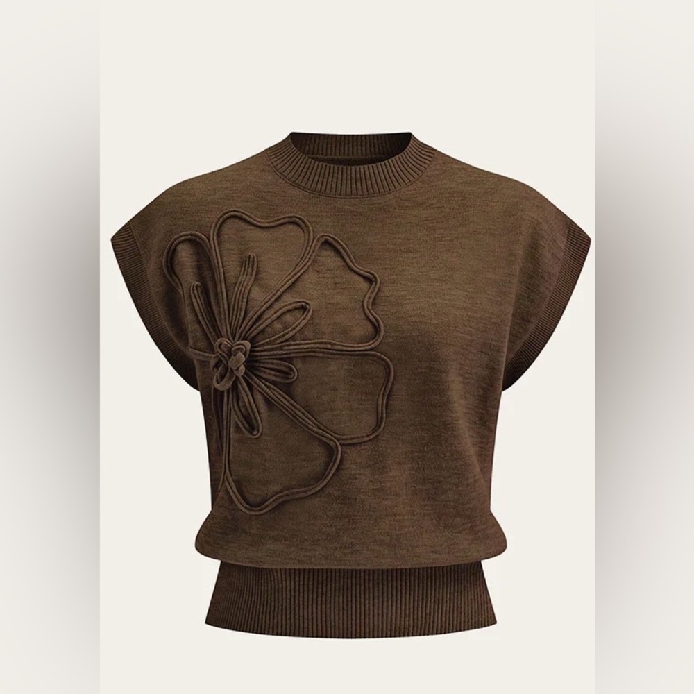 Commense Brown Knit Sleeveless Top with Floral Appliqué